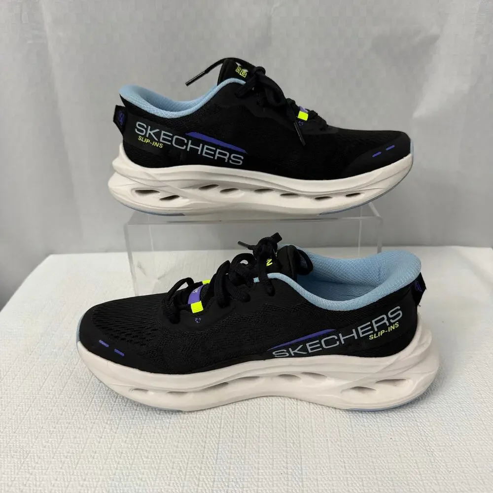 Skechers Max Cushioning Glide Step Shoes Womens Size 6.5 Black Blue Handsfree